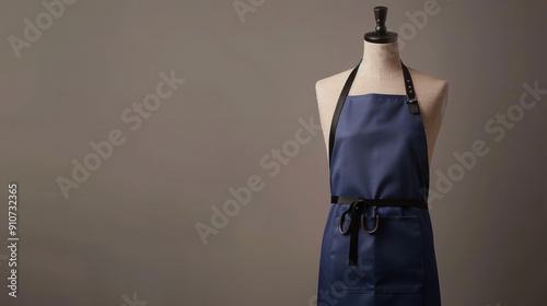 A dark blue apron with black straps and metal rings, displayed on a dress form mannequin