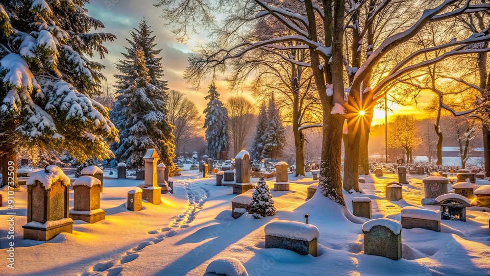 Warm light illuminating headstones and grave markers in snowy cemetery with trees in winter , cemetery, headstones, grave markers Warm light illuminating headstones and grave markers in snowy cemetery with trees in winter , cemetery, headstones, grave markers