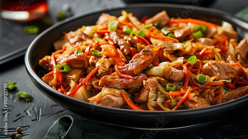 Chinese stirfried sour cabbage with pork and tofu, a proteinrich dish, Chinese, sour