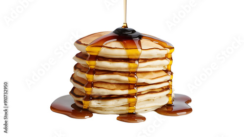 Fluffy Stack of Pancakes with Golden Syrup Drizzle, Isolated on White Background