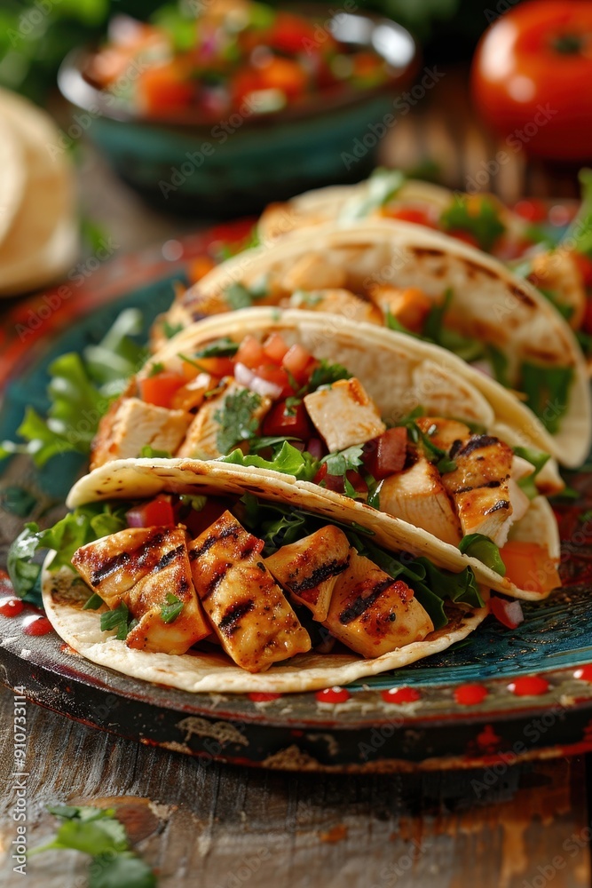 Delicious Grilled Chicken Tacos with Fresh Vegetables and Salsa on Rustic Wooden Table Delicious Grilled Chicken Tacos with Fresh Vegetables and Salsa on Rustic Wooden Table