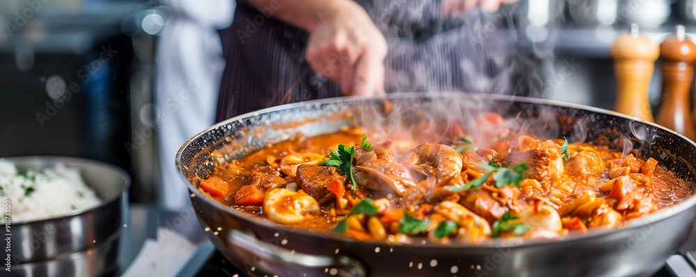 Elegant French restaurant kitchen with chef boiling a rich bouillabaisse, French, boiling Elegant French restaurant kitchen with chef boiling a rich bouillabaisse, French, boiling