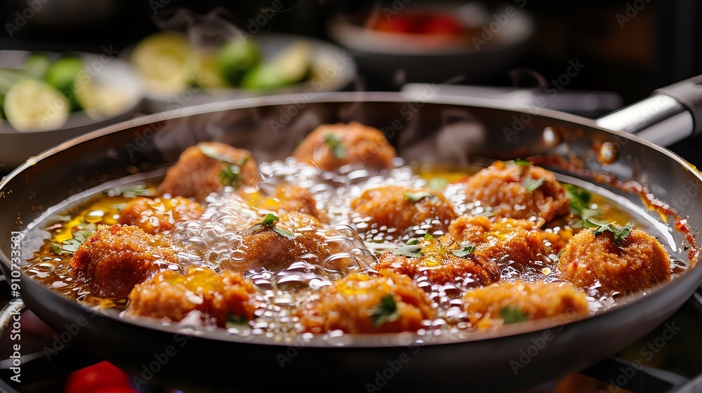 Frying pan with bubbling oil and frying chiles rellenos in a Mexican home, Mexican, frying Frying pan with bubbling oil and frying chiles rellenos in a Mexican home, Mexican, frying