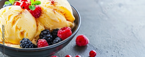 Homemade Italian lemon sorbet garnished with vitaminrich berries, Italian, sweet photo