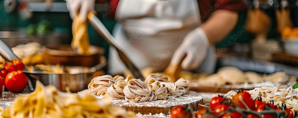 Italian grandmother making homemade pasta in a traditional kitchen, Italian, bakery