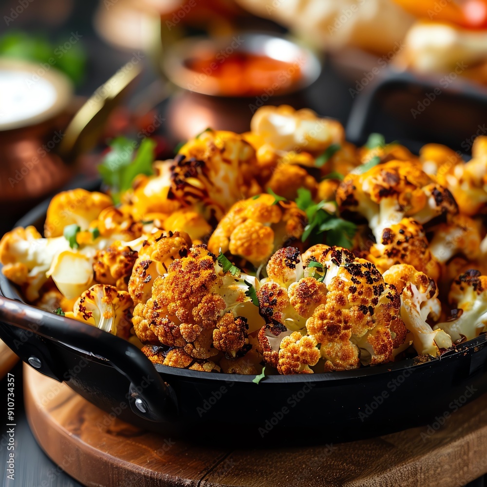 Roasted cauliflower with turmeric and spices at an Indian buffet ...
