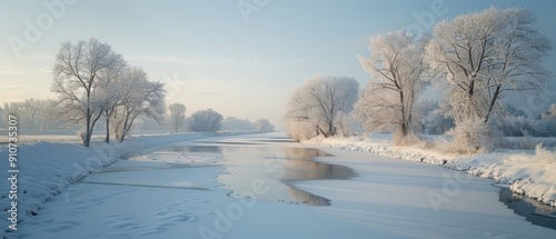 Serene Winter Wonderland: Snow-Covered Trees and Frozen River Tranquility