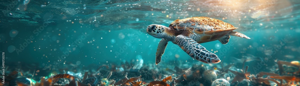 Obraz premium Underwater View of a Sea Turtle Swimming Among Coral Reefs in Crystal Clear Ocean Waters