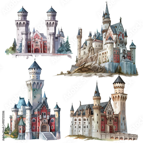 Different castles isolated on transparent background, castle png