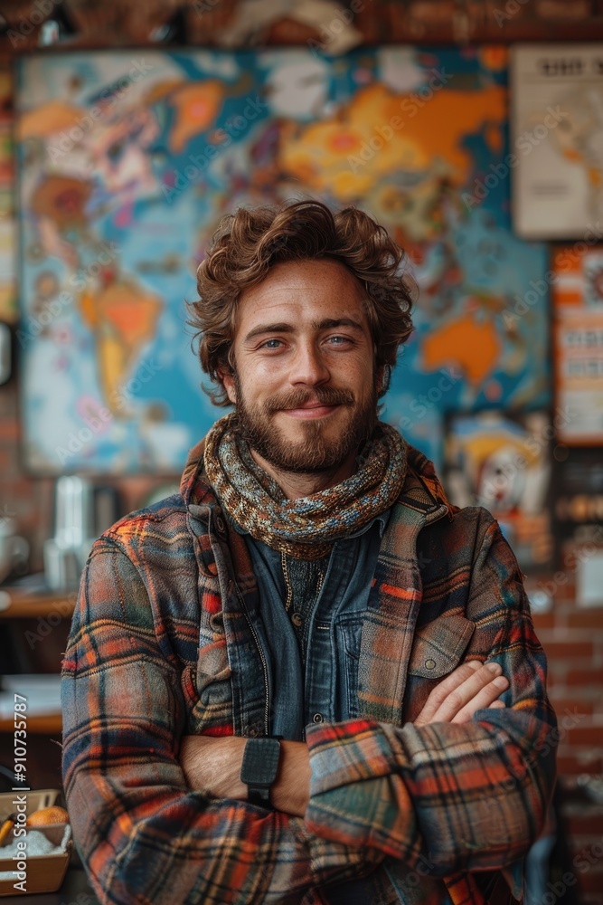 Man with beard wearing a plaid shirt and scarf Man with beard wearing a plaid shirt and scarf