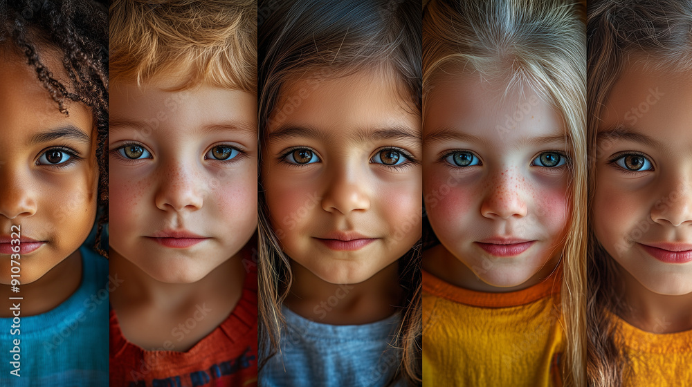 Fototapeta premium Close-up of diverse children's faces. A close-up of five diverse children's faces, showcasing the beauty and innocence of youth across different backgrounds.