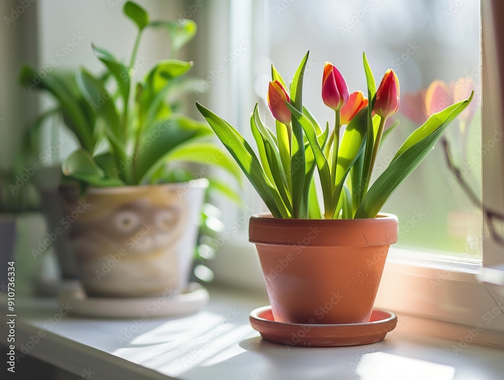 Red and Yellow Tulips in Terracotta Pot by Window Spring Flowers Indoor Gardening Bright Colors Natural Light Home Decor Floral Arrangement Red and Yellow Tulips in Terracotta Pot by Window Spring Flowers Indoor Gardening Bright Colors Natural Light Home Decor Floral Arrangement