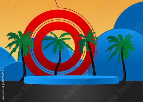 Mockup product display with Palm Tree. Vector cylinder pedestal podium. Stage showcase for presentation. Minimal geometric forms.