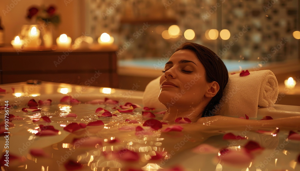 Woman Relaxing in a Bath with Rose Petals and Candles Woman Relaxing in a Bath with Rose Petals and Candles