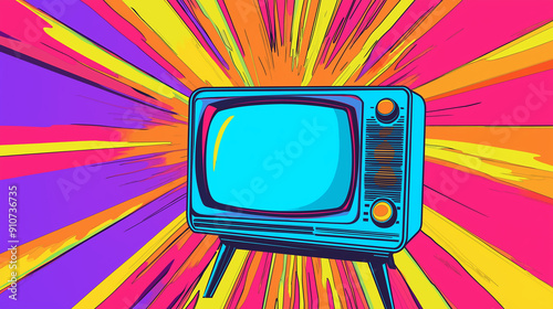 Pop art concept old television. Colorful background in pop art retro comic style.