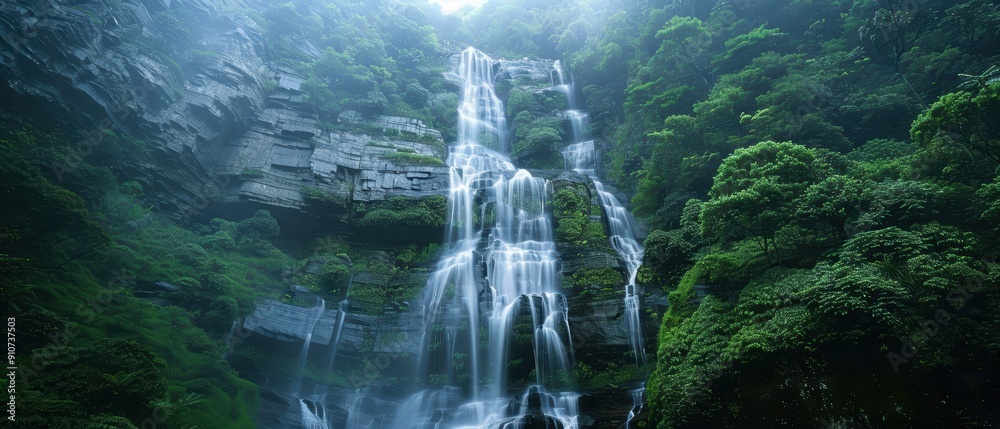 Serene Majestic Waterfall in High Definition Amidst Lush Vegetation and Mist Serene Majestic Waterfall in High Definition Amidst Lush Vegetation and Mist