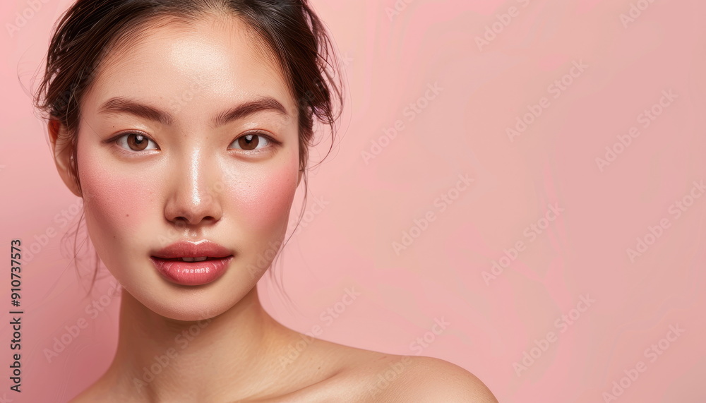 Beautiful Woman with Pink Blush on Pink Background