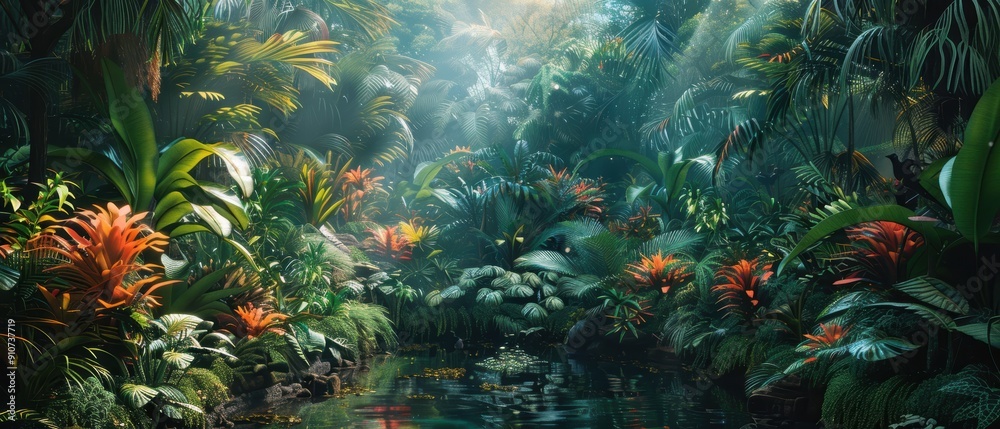 Obraz premium Lush Tropical Jungle Paradise with Exotic Flora and Fauna in Vivid Colors