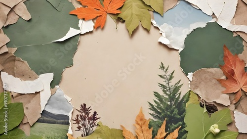 Fall nature grunge collage background with torn paper. 