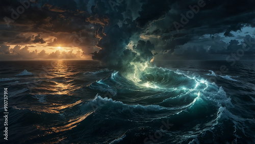 A dramatic, cinematic view of the Bermuda Triangle from above, with stormy clouds, turbulent waves, and an ominous glow emanating from the center, creating a sense of mystery and intrigue.