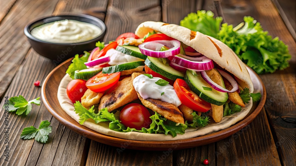 Delicious chicken gyros with fresh vegetables and creamy tzatziki sauce served on a plate , Greek, food, cuisine, cooking, Mediterranean Delicious chicken gyros with fresh vegetables and creamy tzatziki sauce served on a plate , Greek, food, cuisine, cooking, Mediterranean