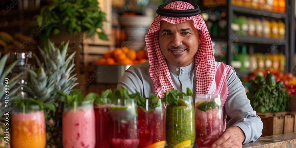 Fototapeta premium Smiling Man in Traditional Attire Presenting Refreshing Drinks