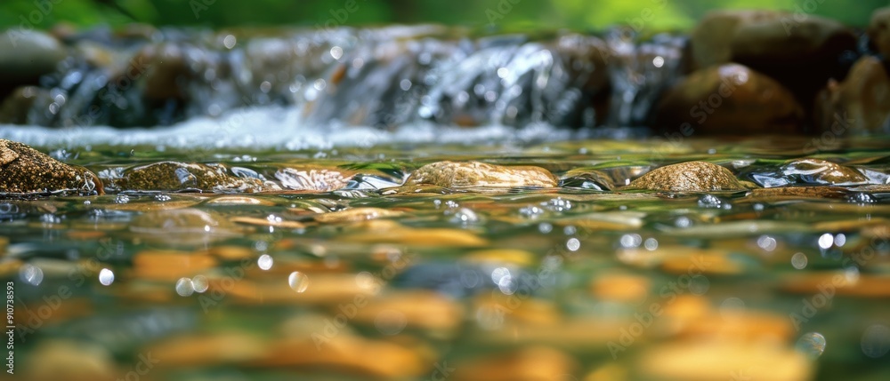 Tranquil Stream Flowing Over Pebbles with Vibrant Greenery - Serene Nature Background Tranquil Stream Flowing Over Pebbles with Vibrant Greenery - Serene Nature Background