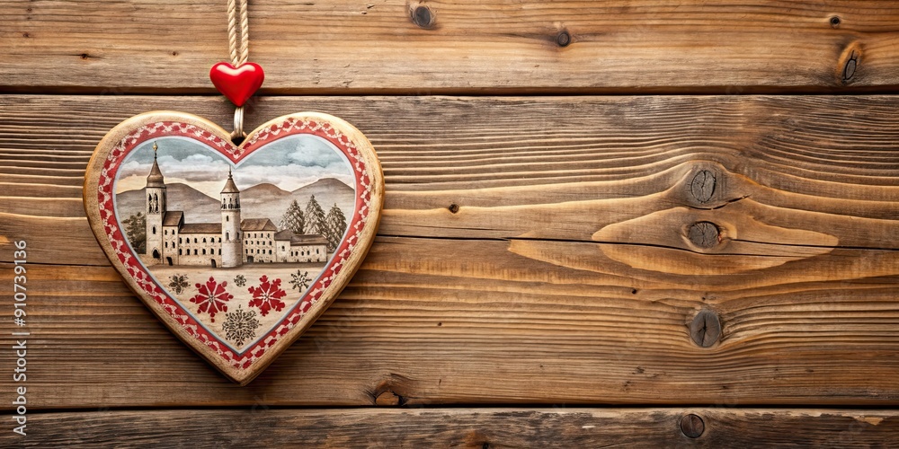 Fototapeta premium Rustic wooden heart decoration with Salzburg inspired design , wood, Salzburg, heart, decoration, rustic, vintage, love