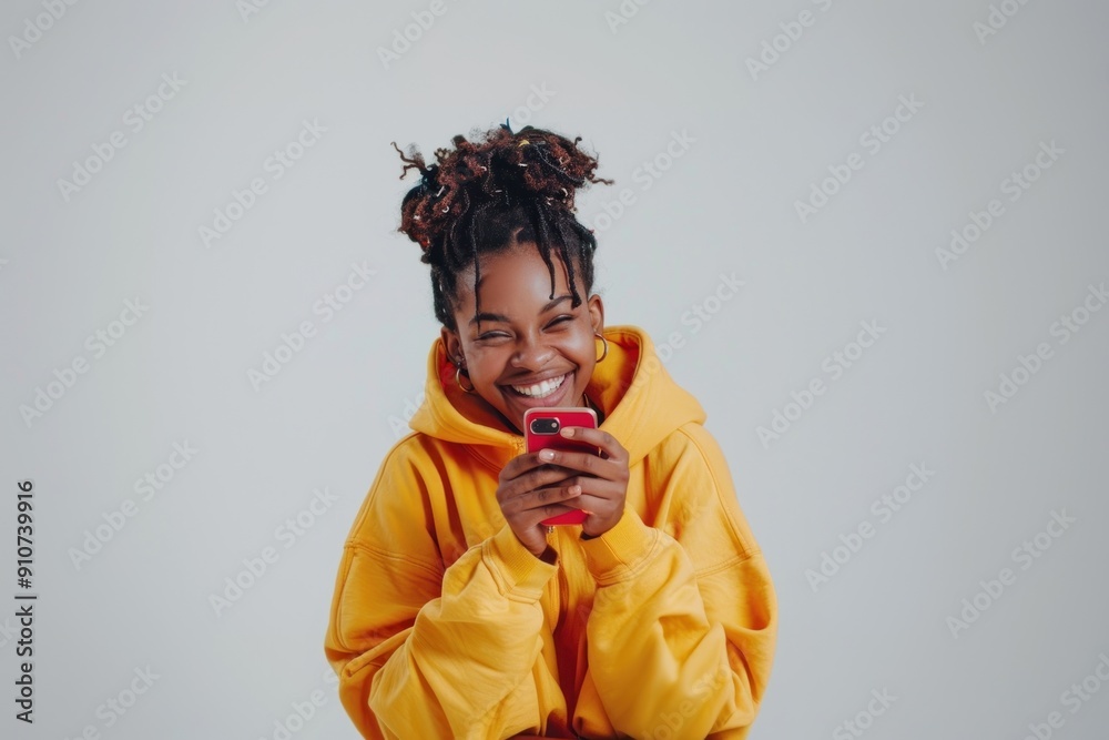 Happy woman holding red phone Happy woman holding red phone