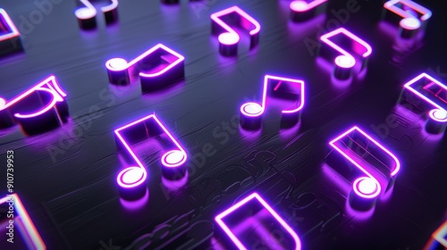 Vibrant 3D purple music icons floating with glowing effect on black backdrop, creating a mesmerizing visual impact.