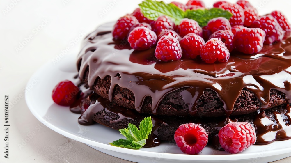 Chocolate cake with a topping of fresh raspberries and mint, isolated on white, elegant and delicious Chocolate cake with a topping of fresh raspberries and mint, isolated on white, elegant and delicious