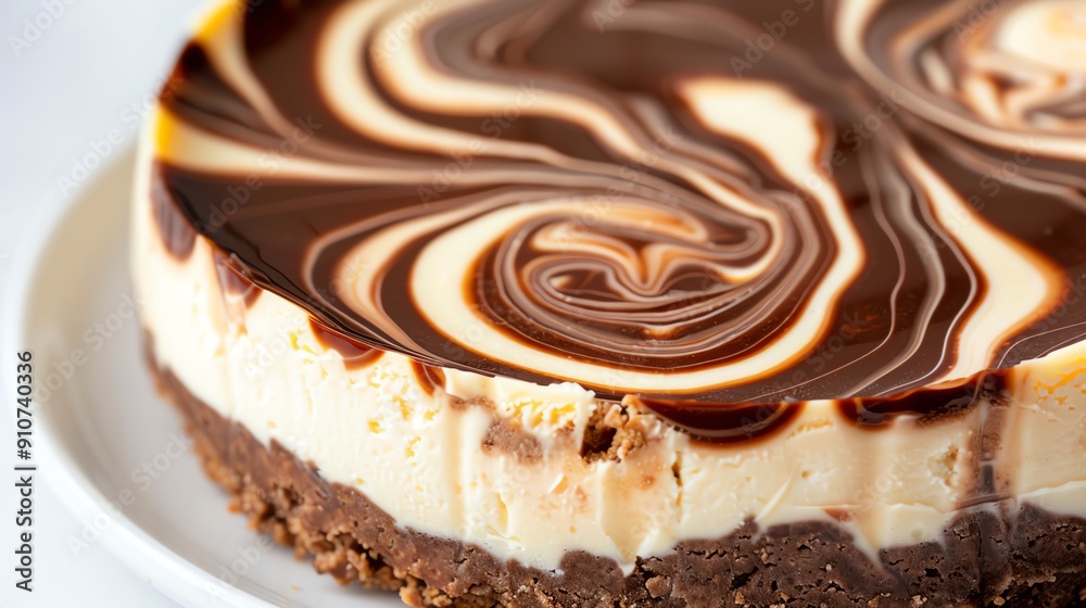 Chocolate swirl cheesecake with a graham cracker crust, closeup, isolated on white, rich and delicious Chocolate swirl cheesecake with a graham cracker crust, closeup, isolated on white, rich and delicious