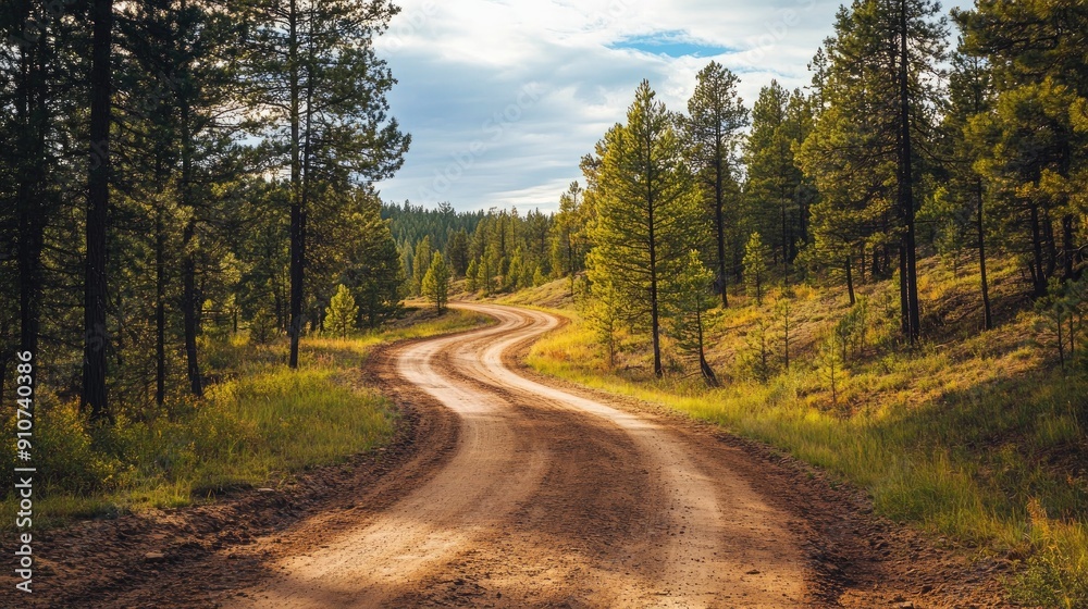 Fototapeta premium Winding Dirt Road Through a Forest of Tall Pine Trees