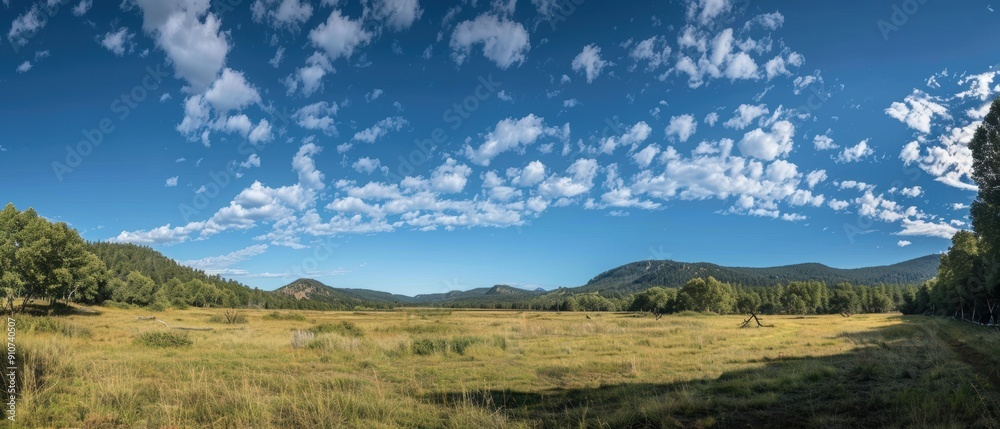 Serene Landscape with Puffy Clouds and Long Shadows Serene Landscape with Puffy Clouds and Long Shadows