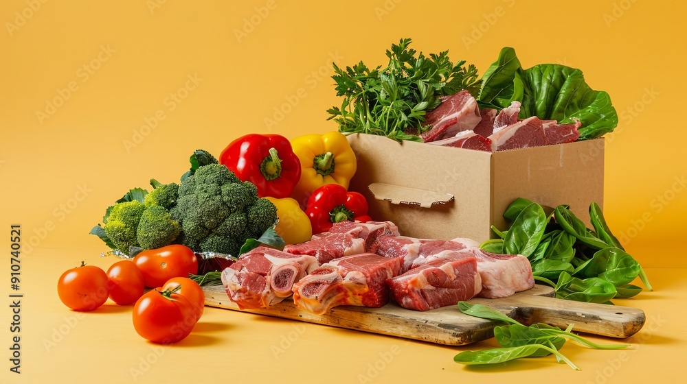 Fresh meat, vegetables and herbs in a cardboard box on a yellow background. Fresh meat, vegetables and herbs in a cardboard box on a yellow background.