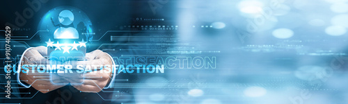 Customer satisfaction specialist using a mobile smartphone and Customer satisfaction icon network connection to analyze data with growth trends, improving service quality, enhancing user experience.