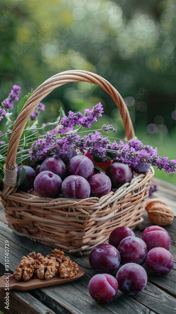 A wicker basket filled with plums and lavender blossoms sits on a wooden table. A wicker basket filled with plums and lavender blossoms sits on a wooden table.