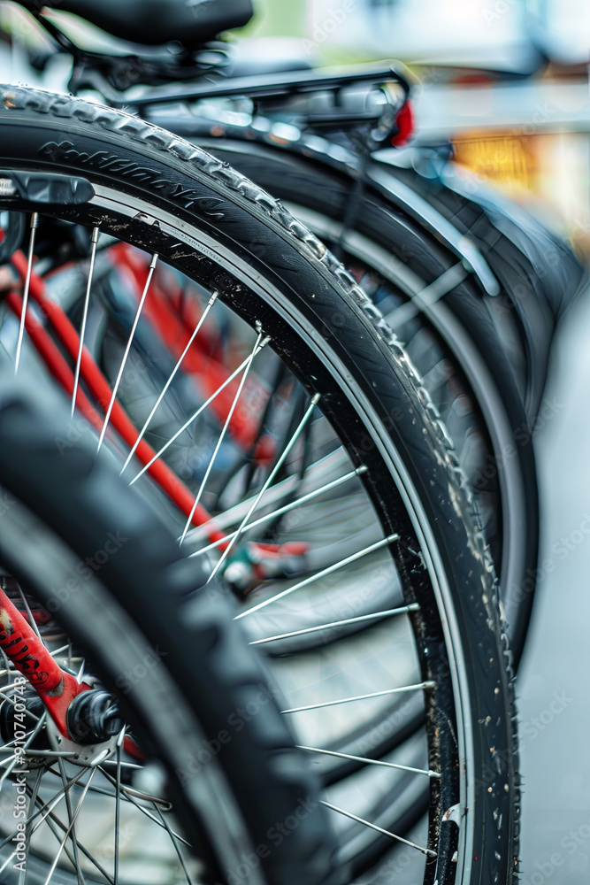 Fototapeta premium Close-up of a bicycle tire in a bike rack