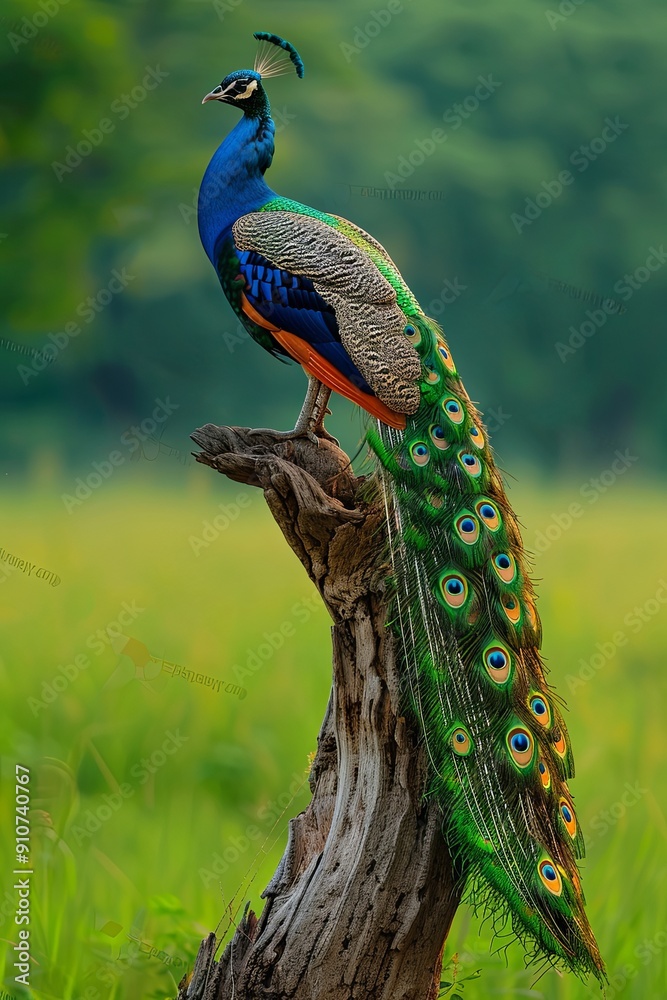 Obraz premium A vibrant peacock with its tail feathers spread stands on a tree stump in a green field.