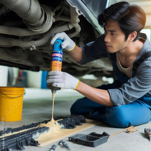  An auto mechanic applies anti-corrosion mastic to the underbody of a car. photo