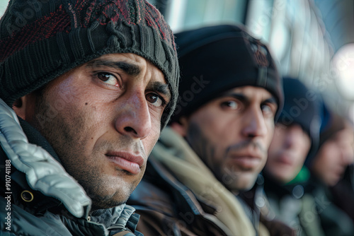 Immigrants sitting and waiting at a train station