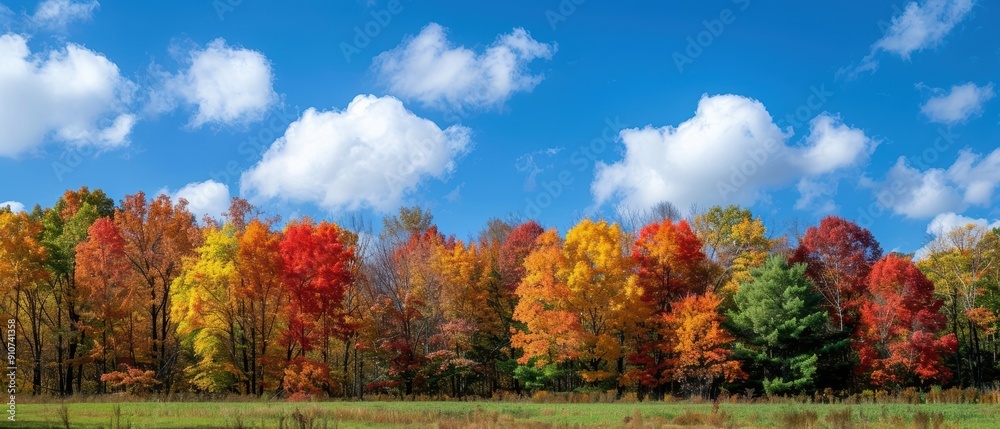 Obraz premium Serene Autumn Scene: Colorful Tree Forest under Clear Sky with Scattered Clouds