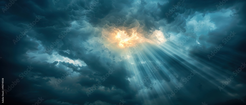 Illuminated by Hope - Vibrant Light Breaking Through Dark Ominous Clouds in Dramatic Sky Scene Illuminated by Hope - Vibrant Light Breaking Through Dark Ominous Clouds in Dramatic Sky Scene