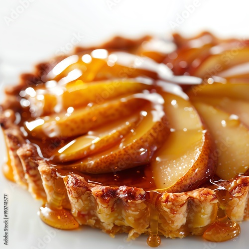 Fruit tart with a layer of pear slices and a honey glaze, isolated on white, sweet and unique photo