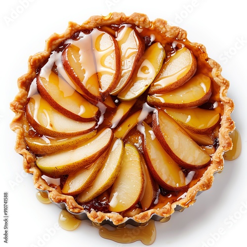 Fruit tart with a layer of pear slices and a honey glaze, isolated on white, sweet and unique
