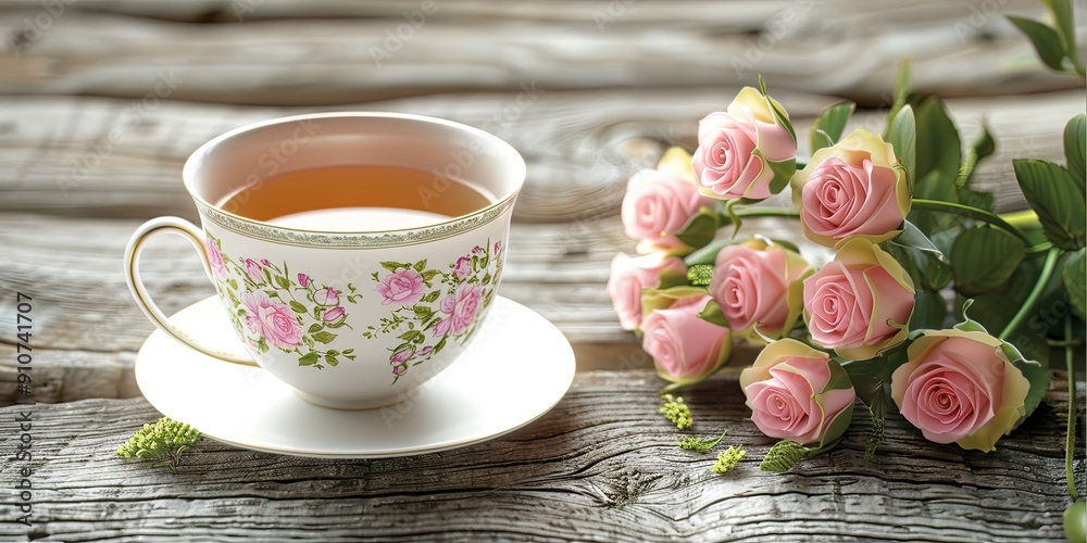 A cup of tea and roses on a rustic wooden table.