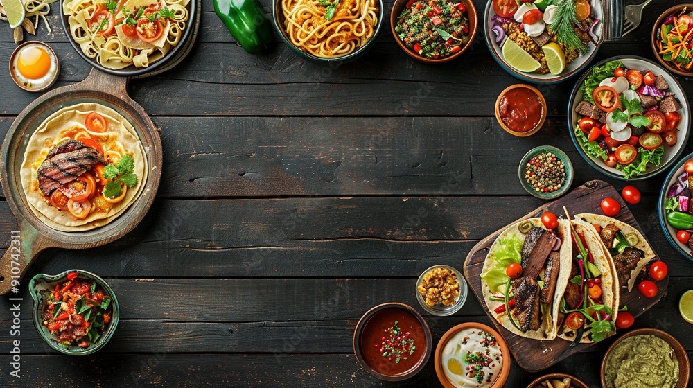 Assortment of Gourmet Dishes and Appetizers on a Rustic Wooden Table Assortment of Gourmet Dishes and Appetizers on a Rustic Wooden Table
