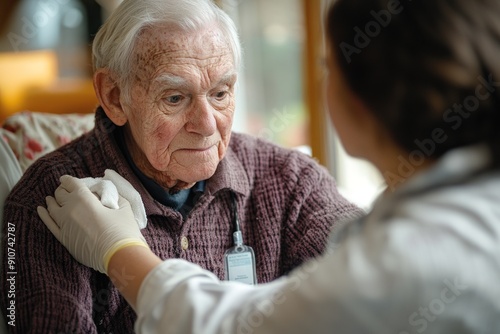 An elderly patient sits comfortably while a dedicated home healthcare worker cleans and dresses a wound on their arm. The caregiver careful movements and focused attention are evident, showcasing a