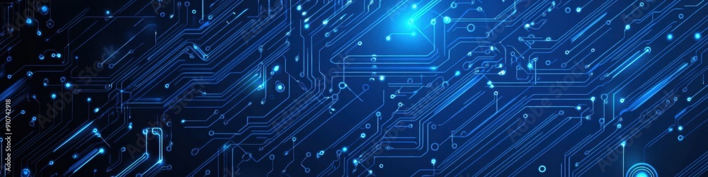 Fototapeta premium Dynamic digital circuit board vector with electrical lines and tech elements on a blue engineering technology wide banner