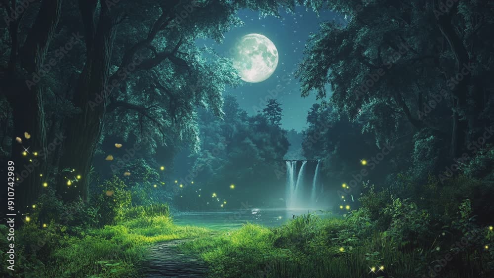 Moonlight accompanied by the sparkle of stars in the forest night sky with beautiful butterflies, seamless looping 4K video background animation